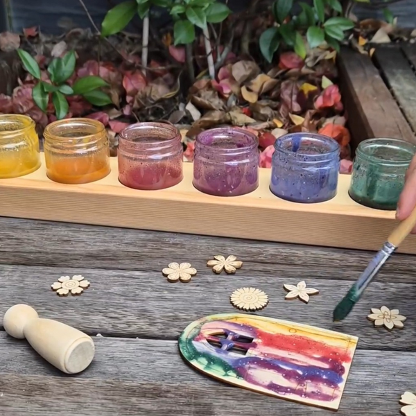 Wooden Paint Pot Holder with Glass Jars (60ml)